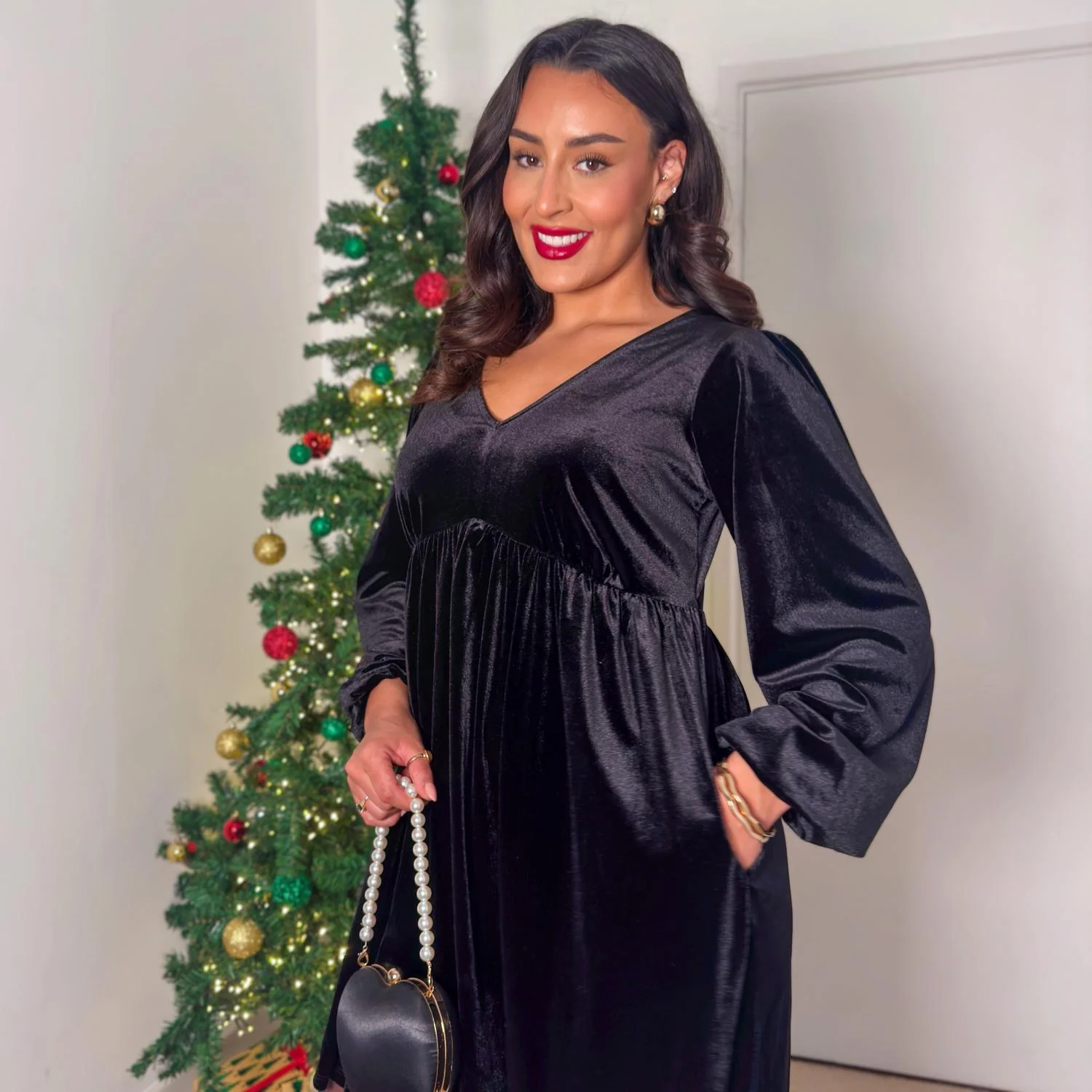 Velvet Baby Doll Dress - Black - Image 11