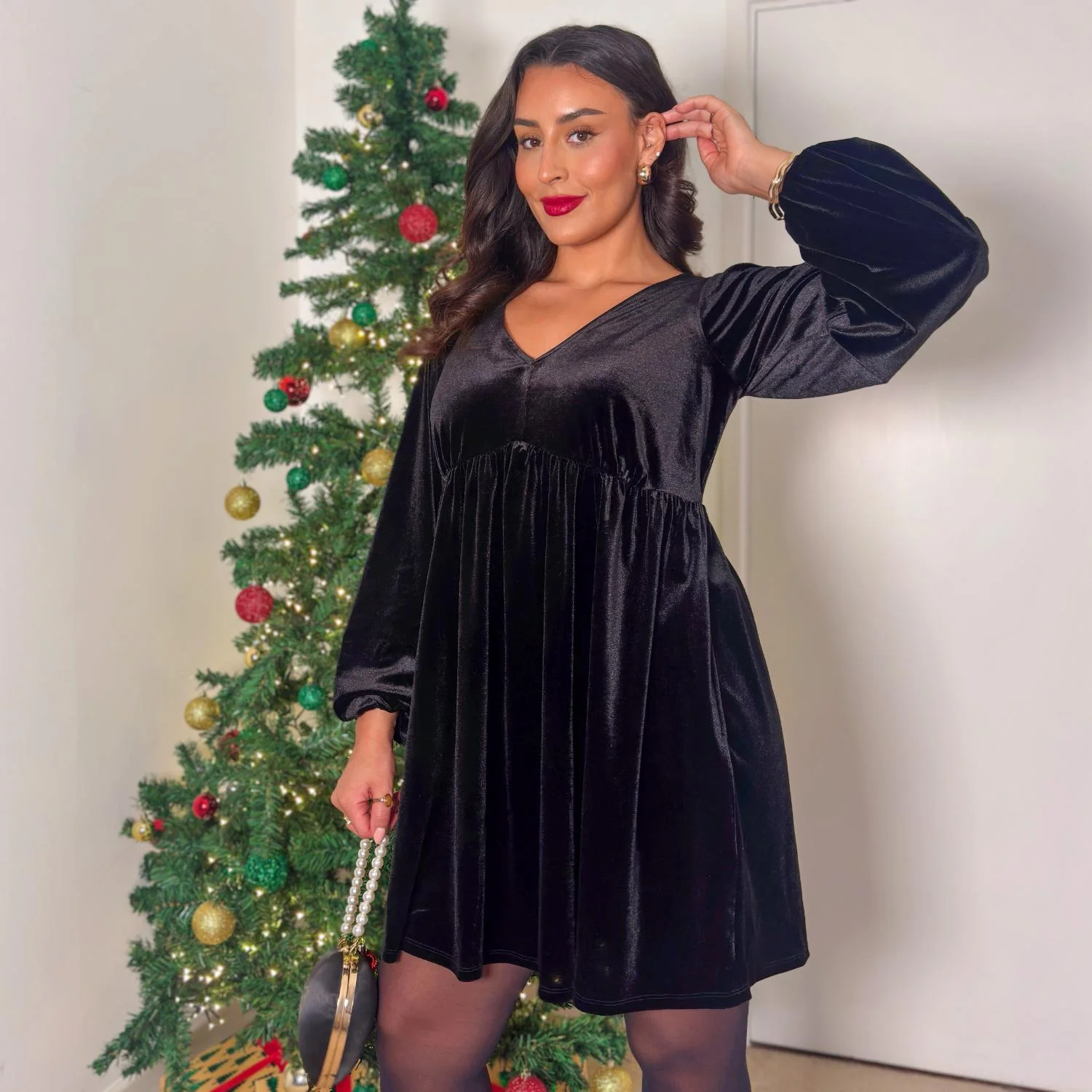 Velvet Baby Doll Dress - Black - Image 14