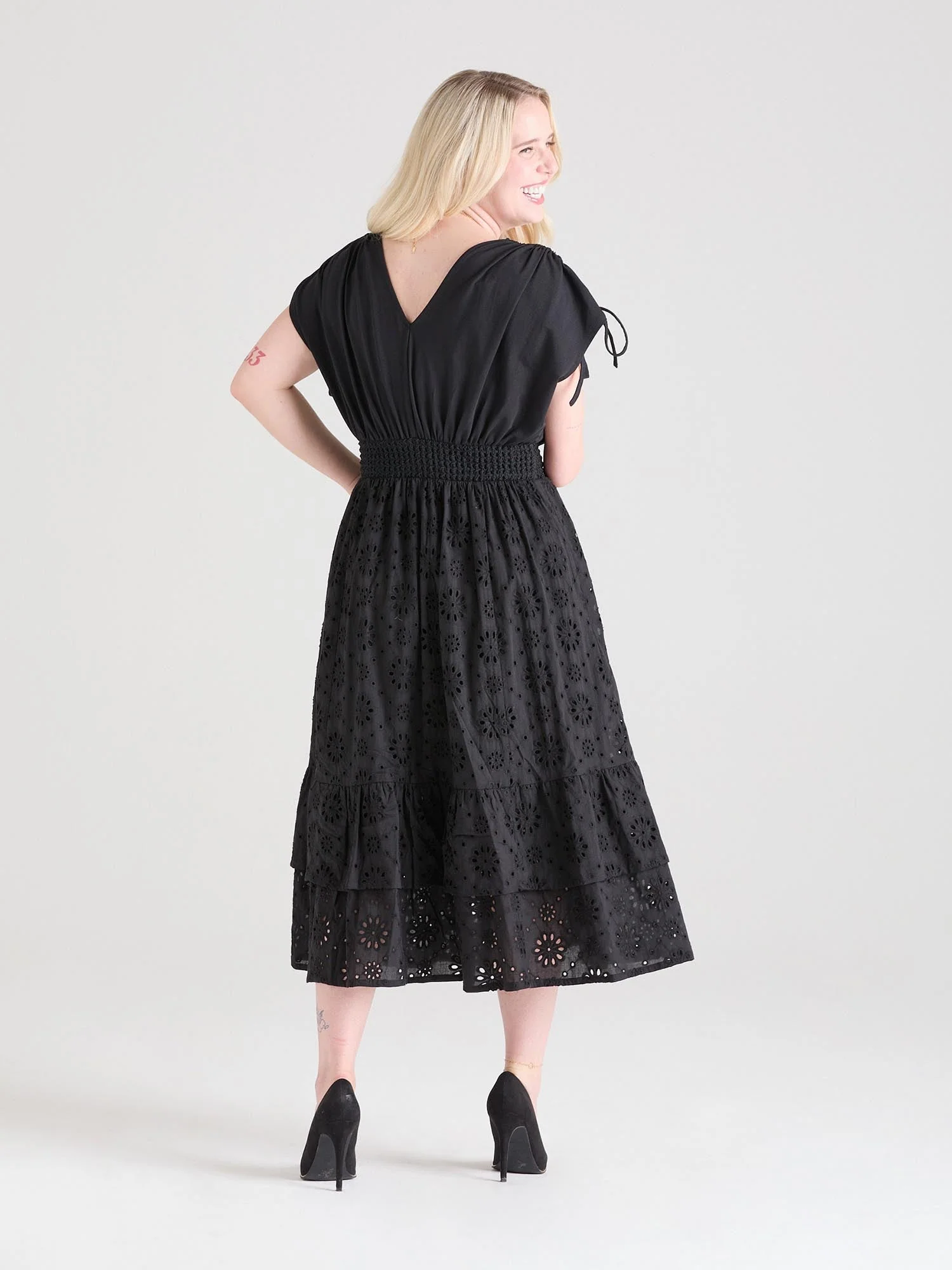 Broderie Anglaise Midi Dress - Black - Image 3