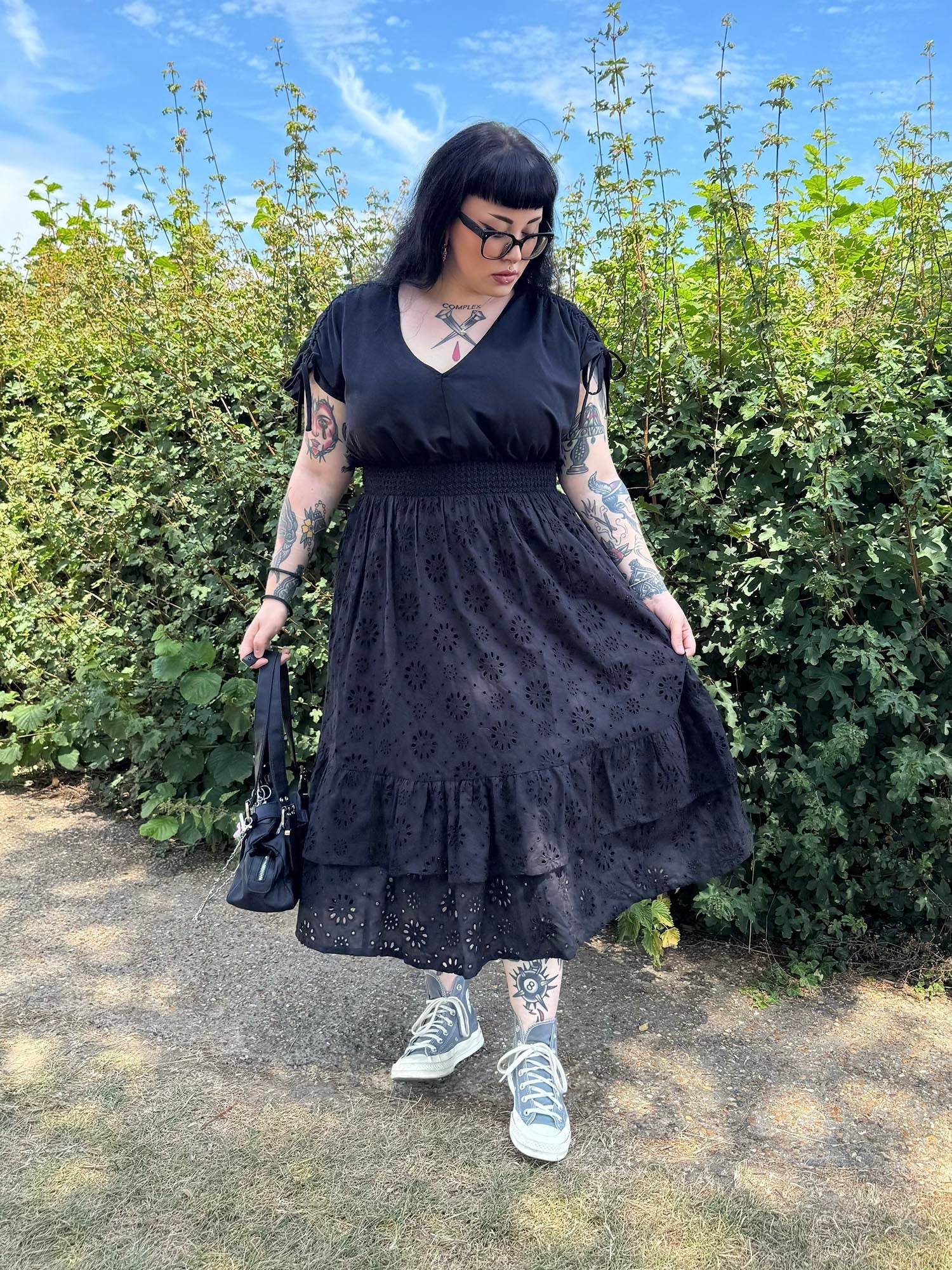 Broderie Anglaise Midi Dress - Black - Image 6