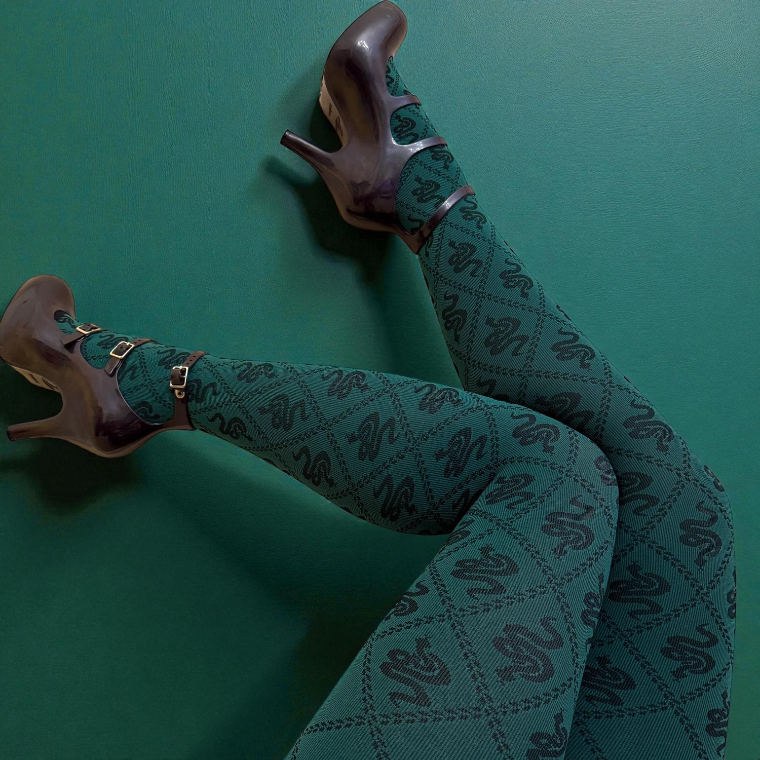 80 Denier Opaque Tights - Corra Snakes - Foliage Green - Image 13