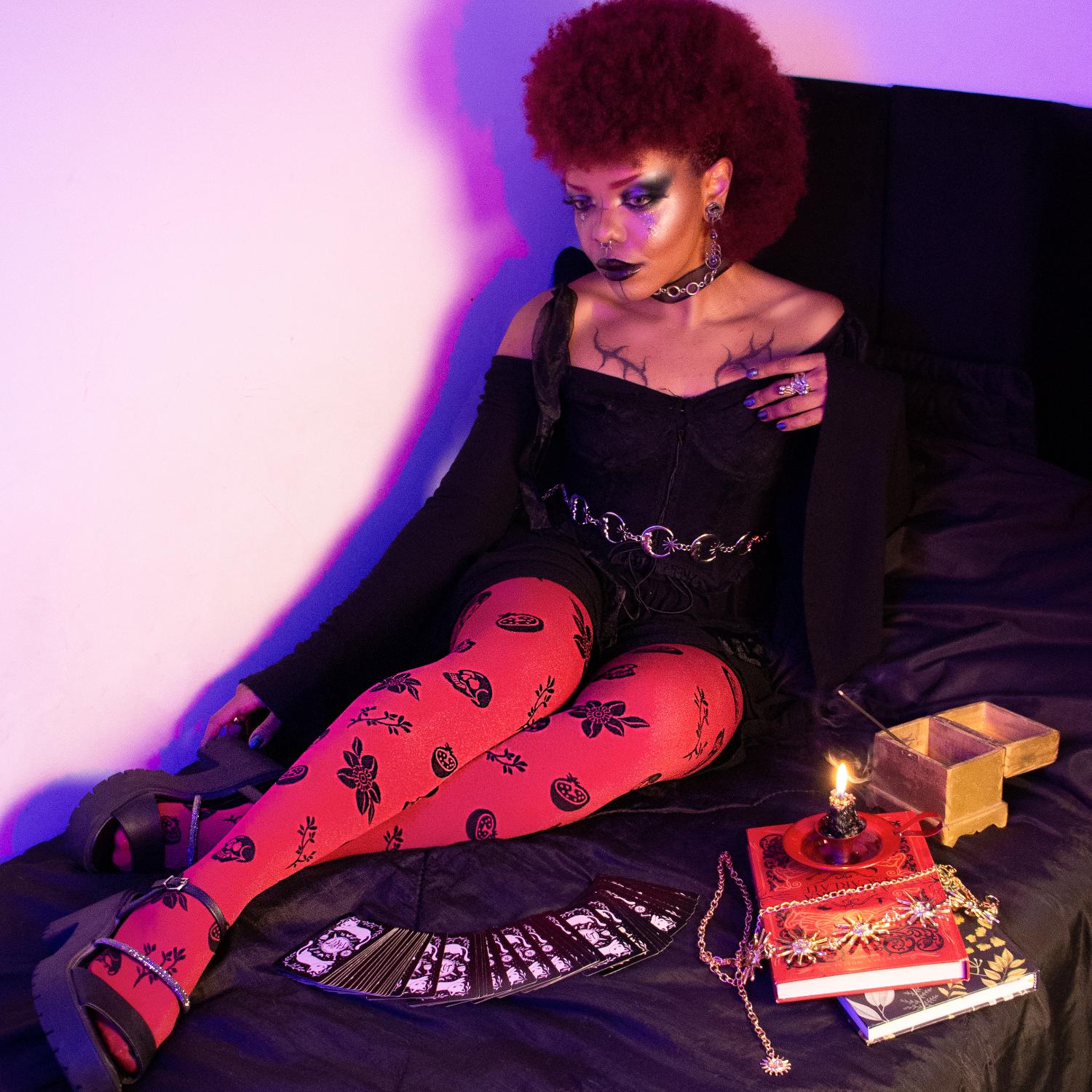 80 Denier Opaque Tights - Danu Skull Flower - Blood Red - Image 11