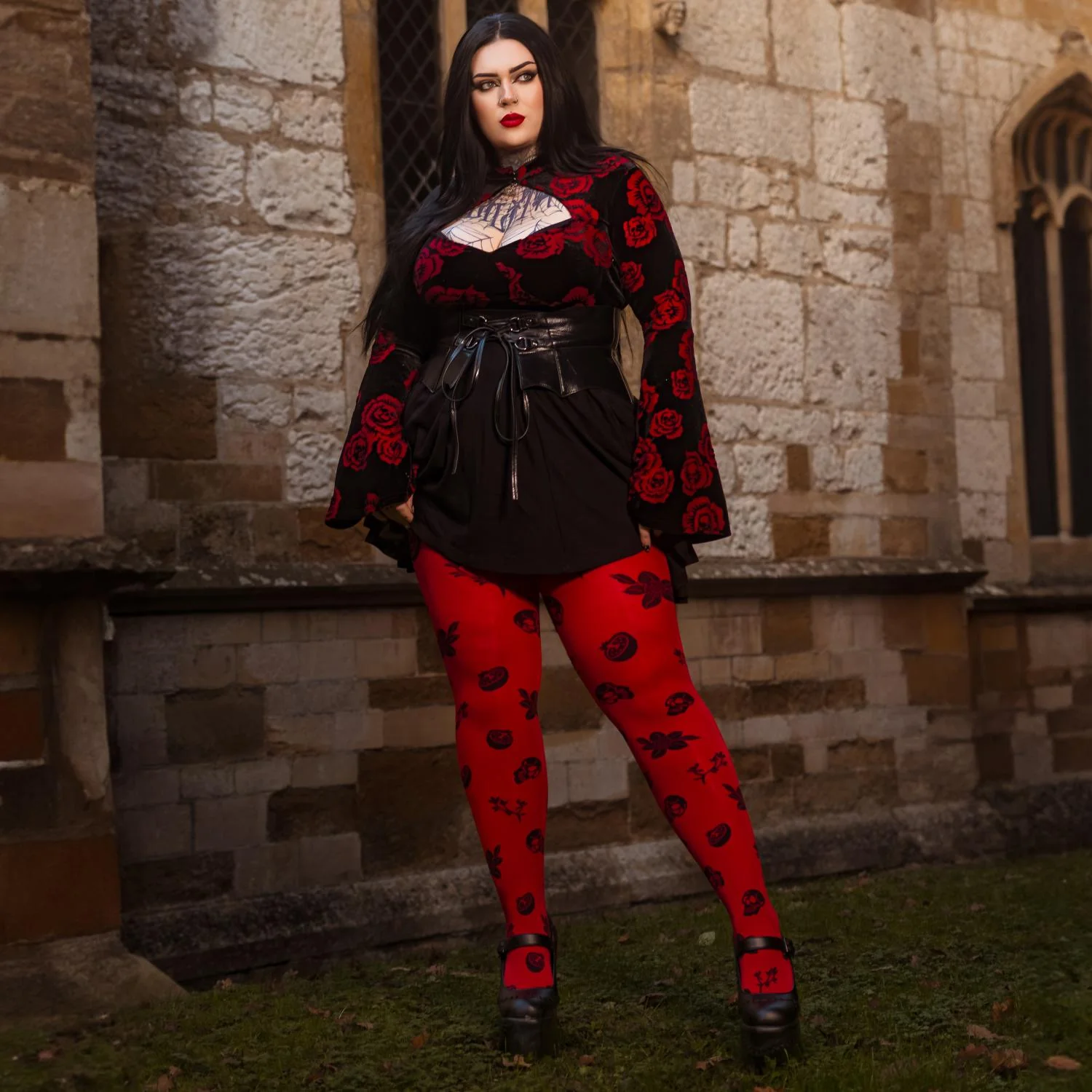 80 Denier Opaque Tights - Danu Skull Flower - Blood Red - Image 12