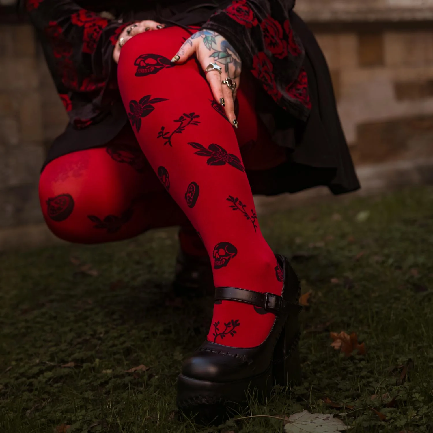 80 Denier Opaque Tights - Danu Skull Flower - Blood Red - Image 18