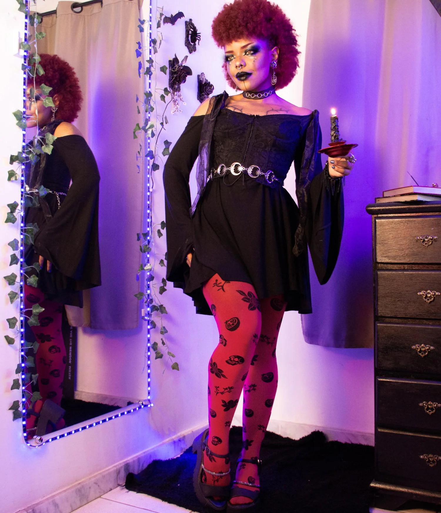 80 Denier Opaque Tights - Danu Skull Flower - Blood Red - Image 4