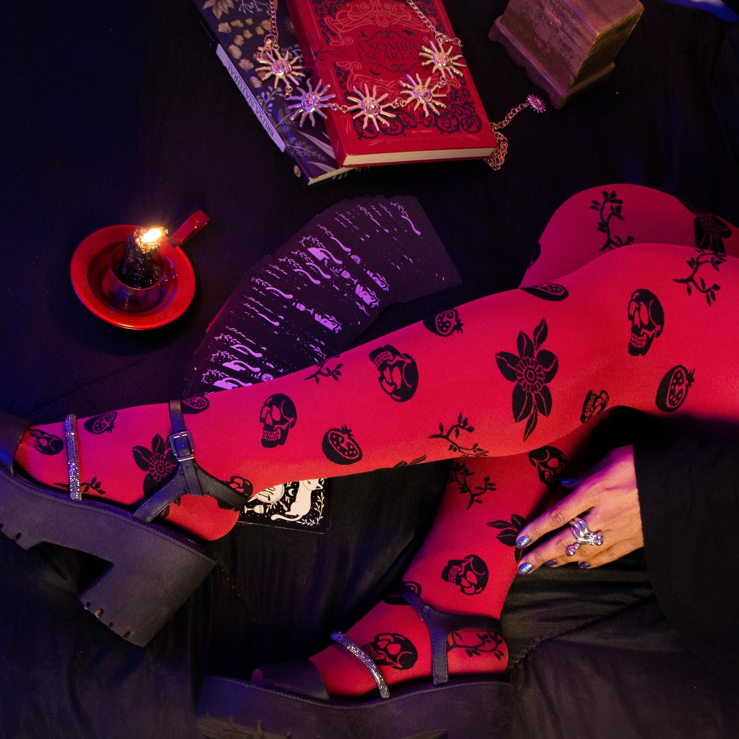 80 Denier Opaque Tights - Danu Skull Flower - Blood Red - Image 5