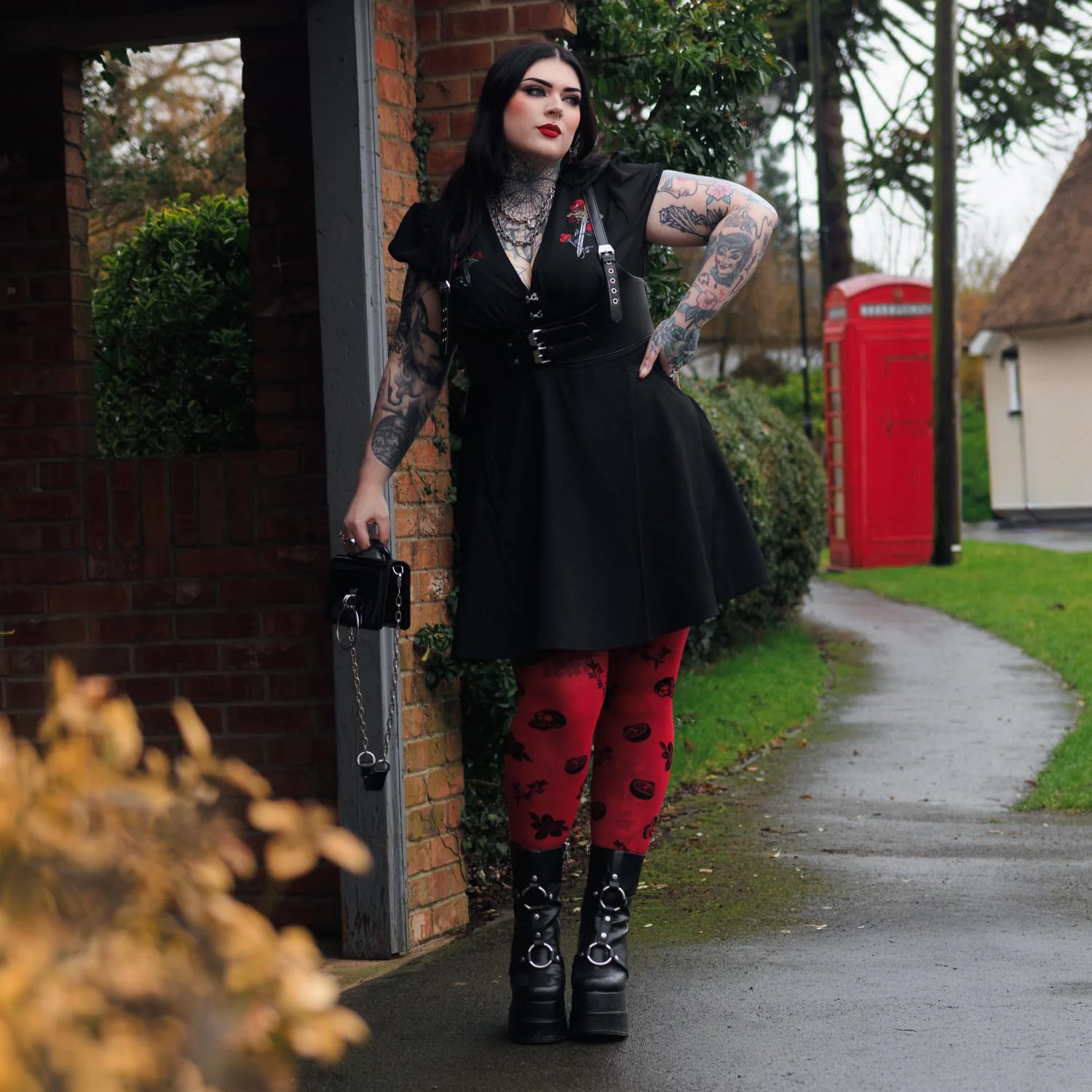 80 Denier Opaque Tights - Danu Skull Flower - Blood Red - Image 7