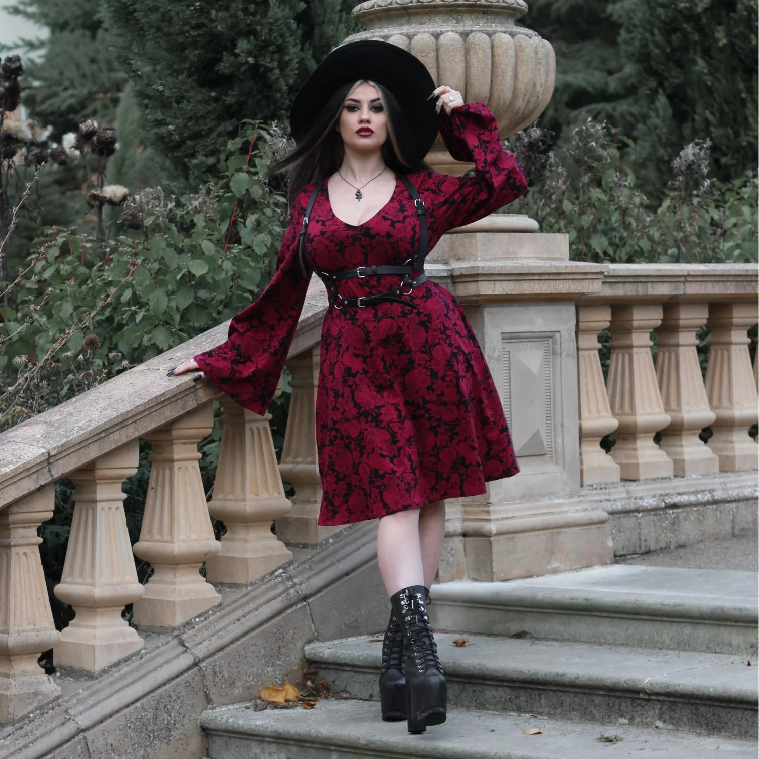 Danu Bell Sleeve Mini Dress - Blood Red - Image 11