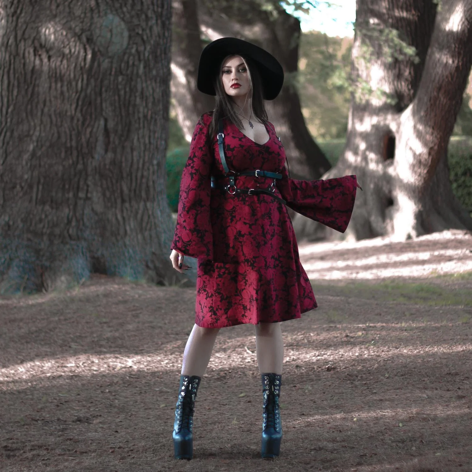 Danu Bell Sleeve Mini Dress - Blood Red - Image 5