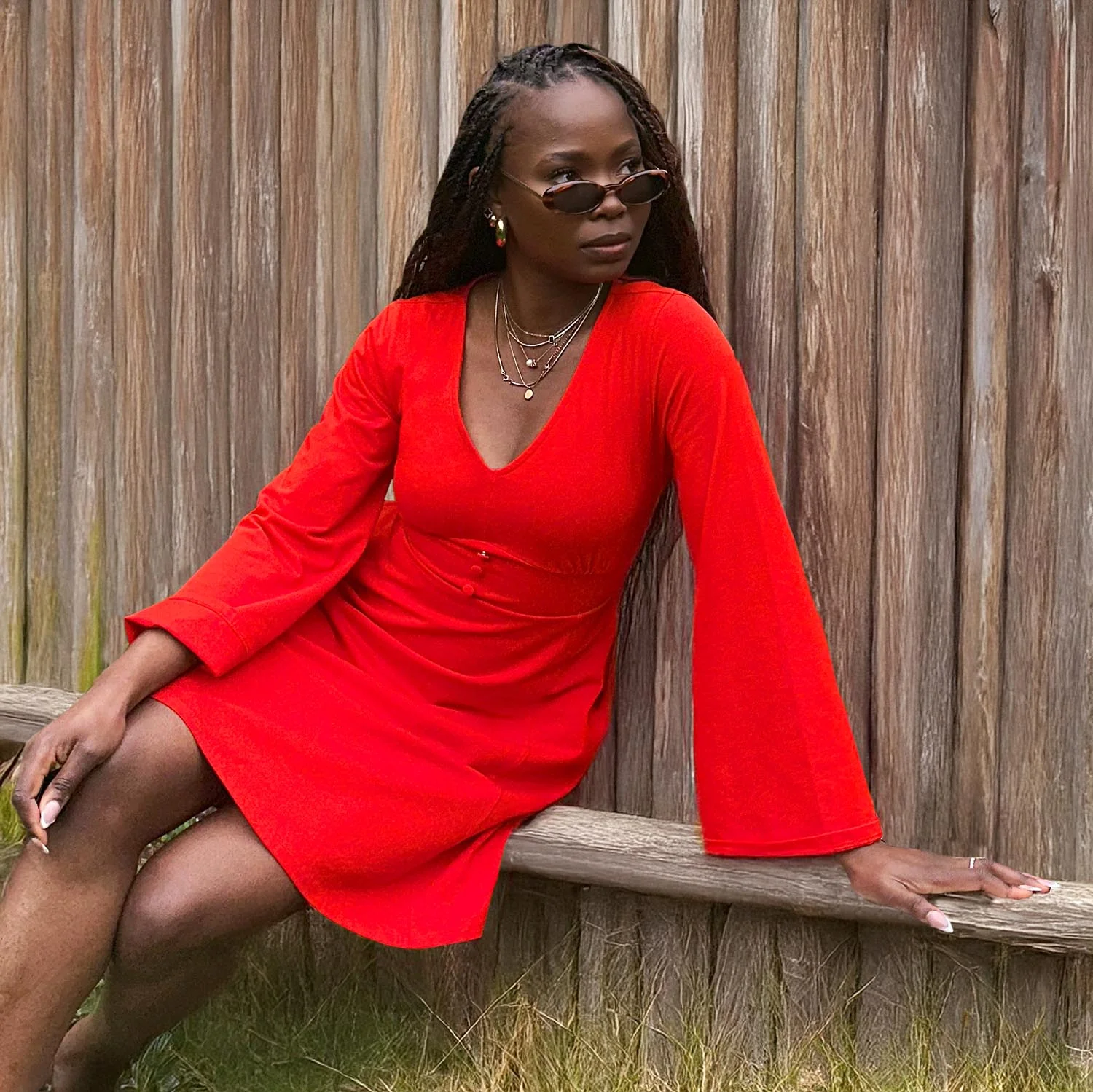 Bell Sleeve Mini Dress - Sangria - Image 2