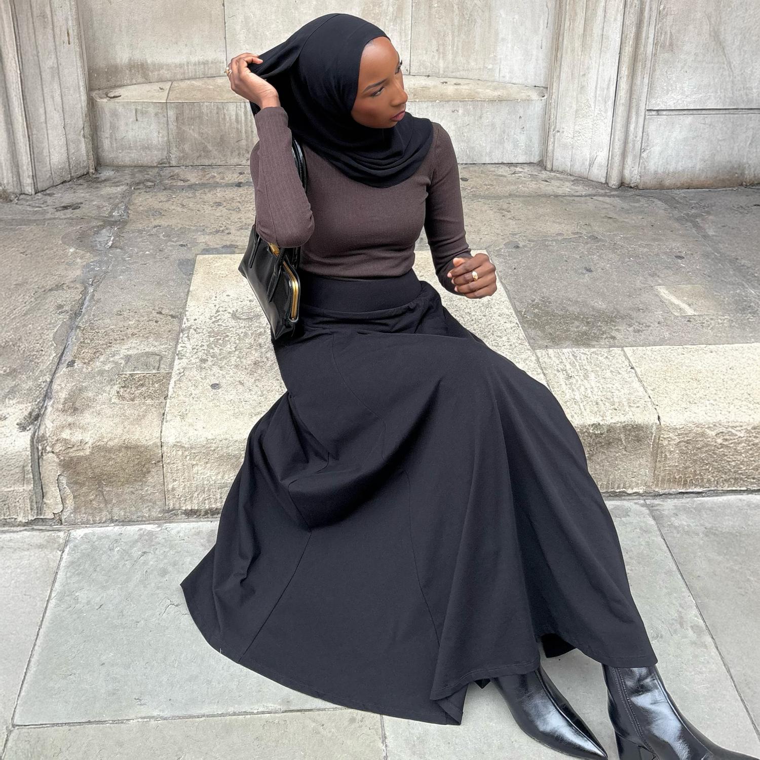 Cotton Jersey Maxi A-Line Skirt - Black - Image 8