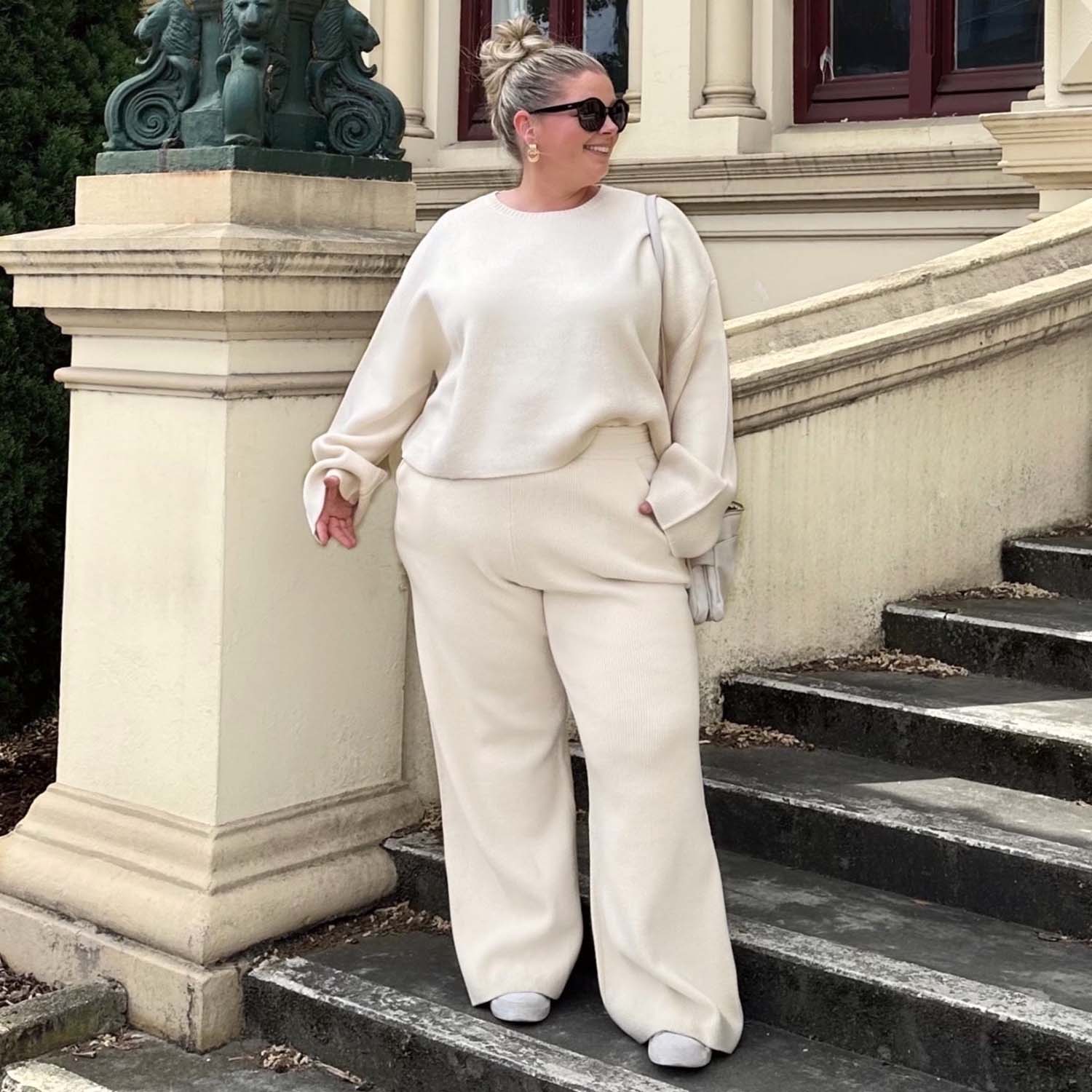Knit Rib Wide Leg Trousers - Oatmeal - Image 8
