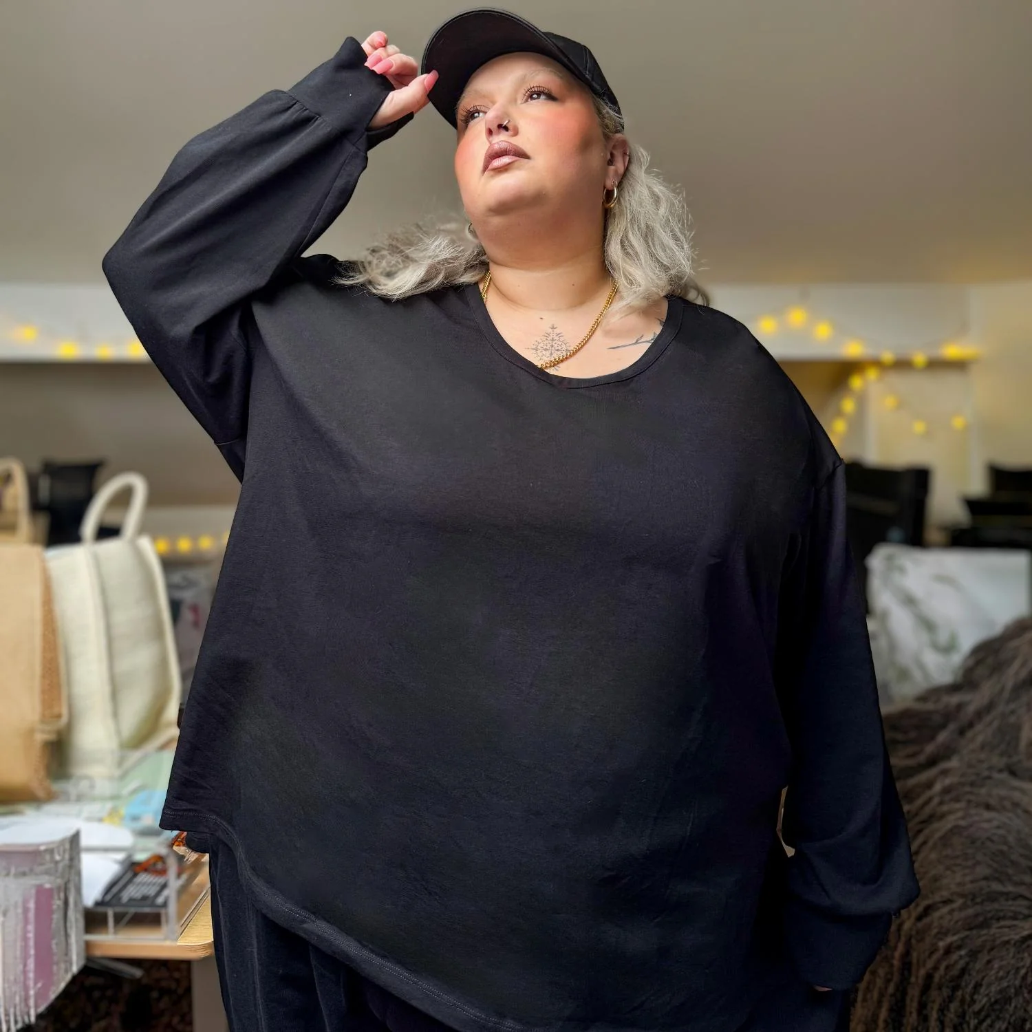 Organic Cotton Long Sleeve Scoop Neck Top - Black - Image 3