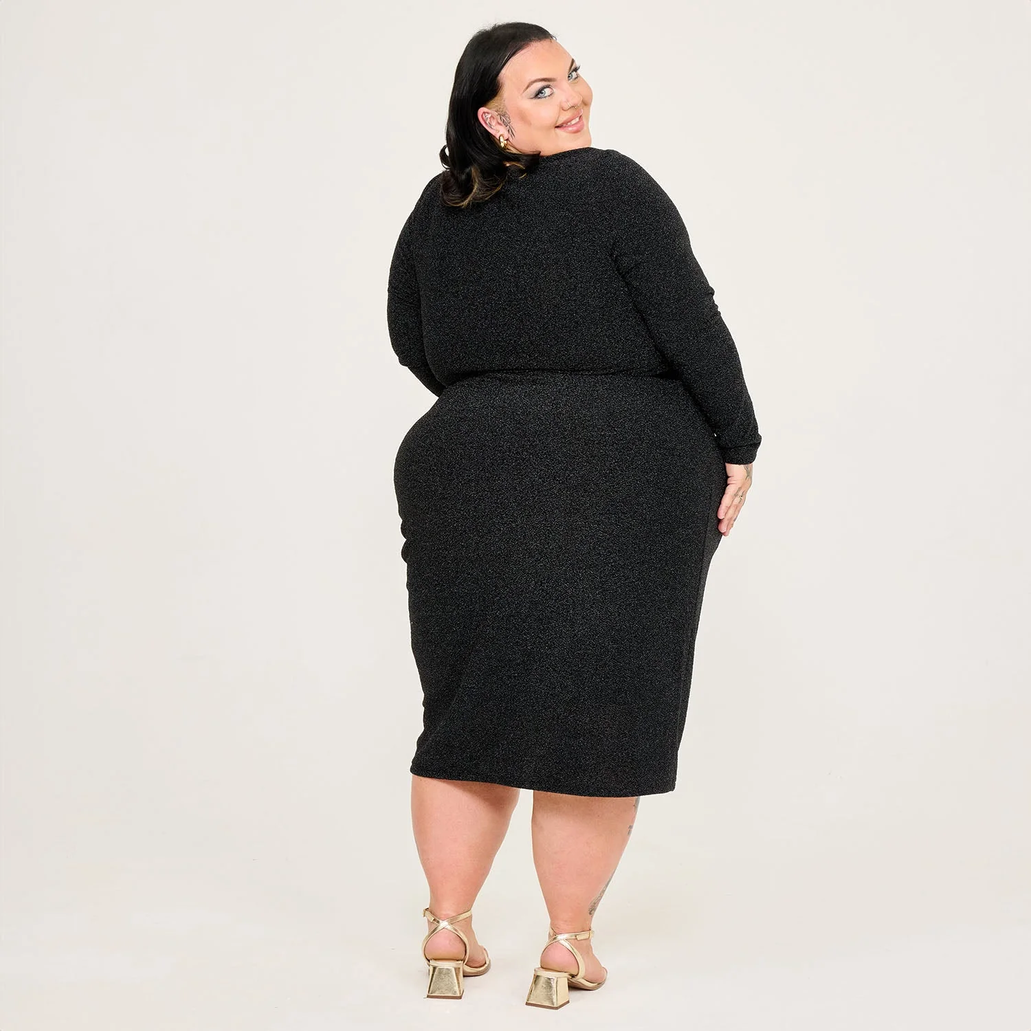 Lurex Long Sleeve Dress - Black - Image 4