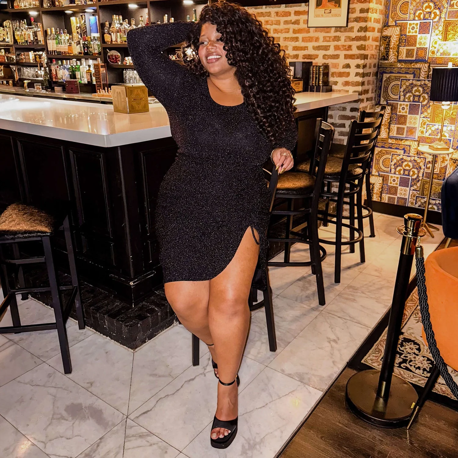 Lurex Long Sleeve Dress - Black - Image 6