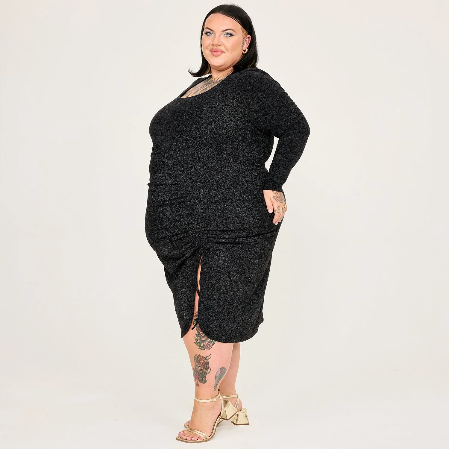 Lurex Long Sleeve Dress - Black - Image 7