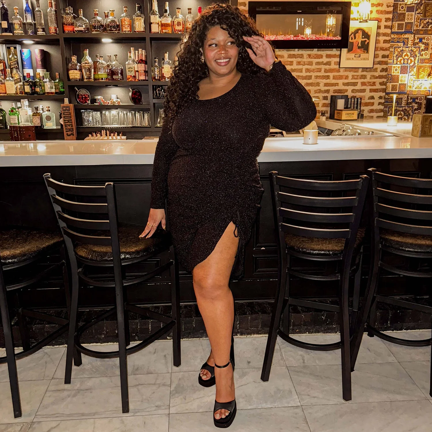 Lurex Long Sleeve Dress - Black - Image 8