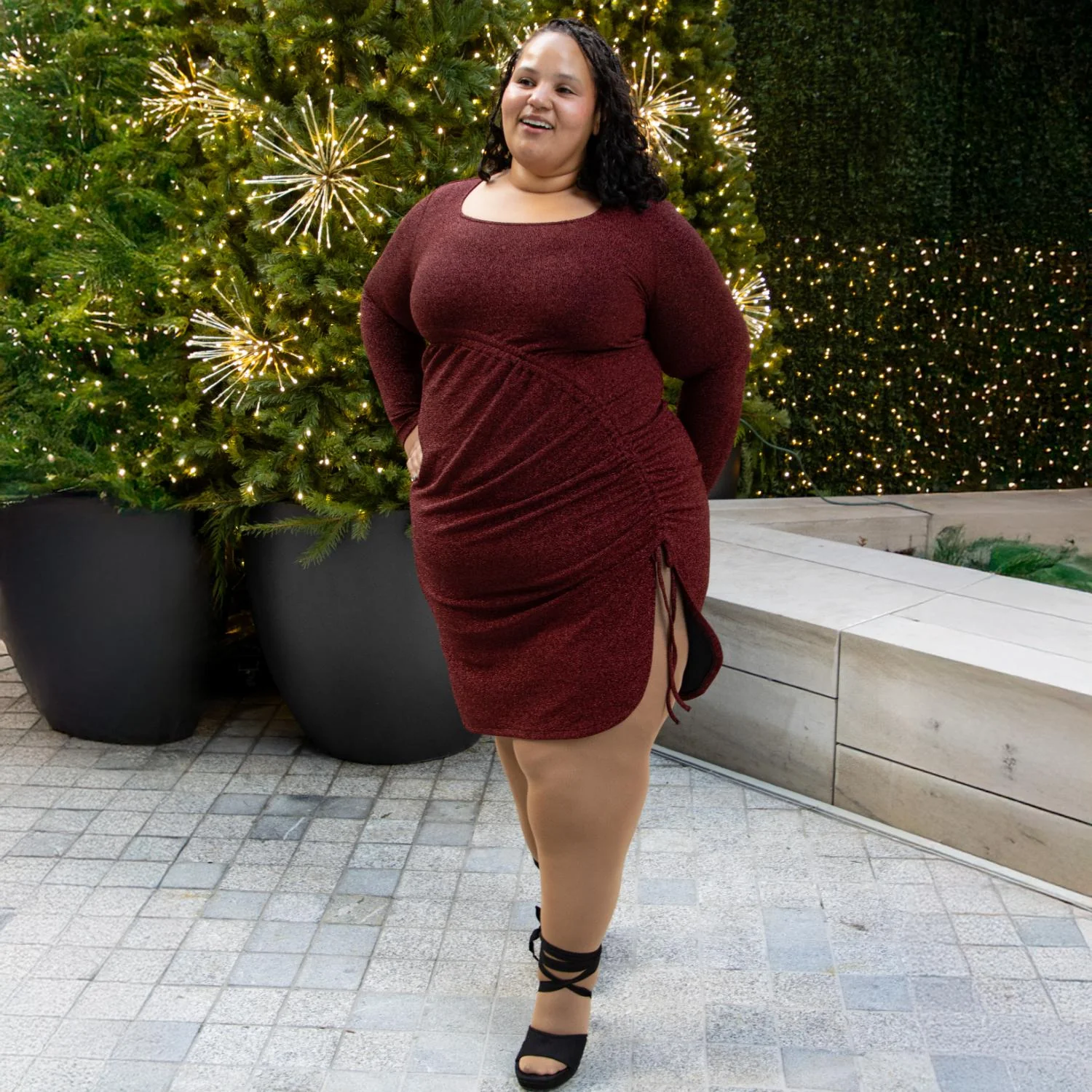Lurex Long Sleeve Dress - Bordeaux - Image 3
