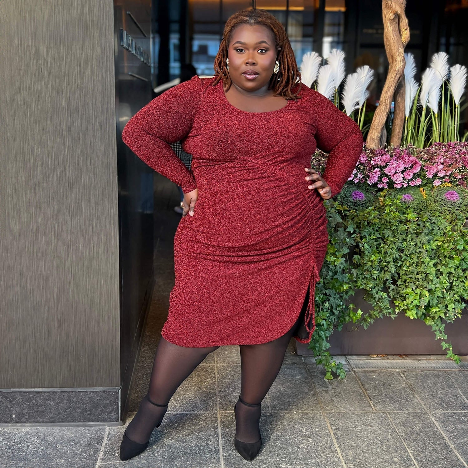 Lurex Long Sleeve Dress - Bordeaux - Image 4