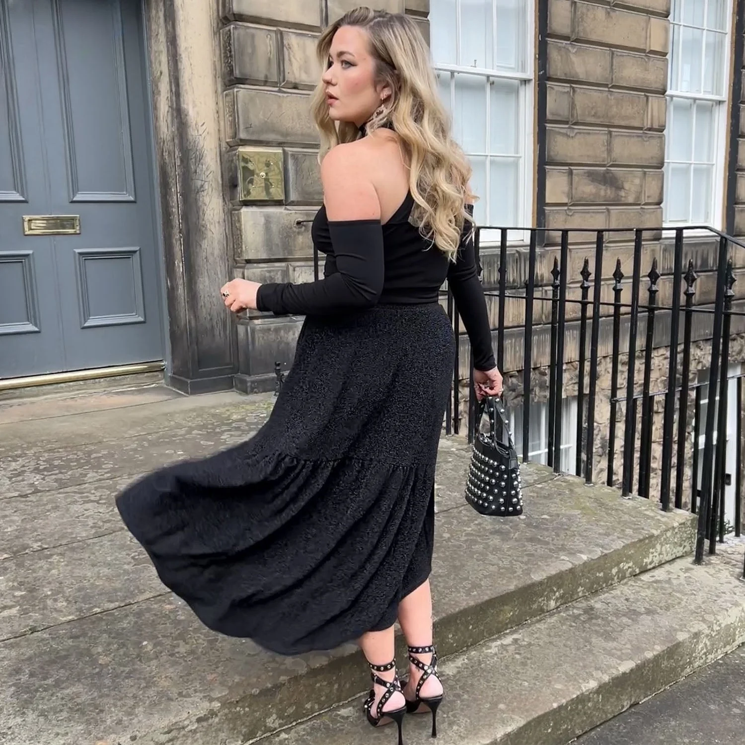 Lurex Tiered Midi Skirt - Black - Image 10