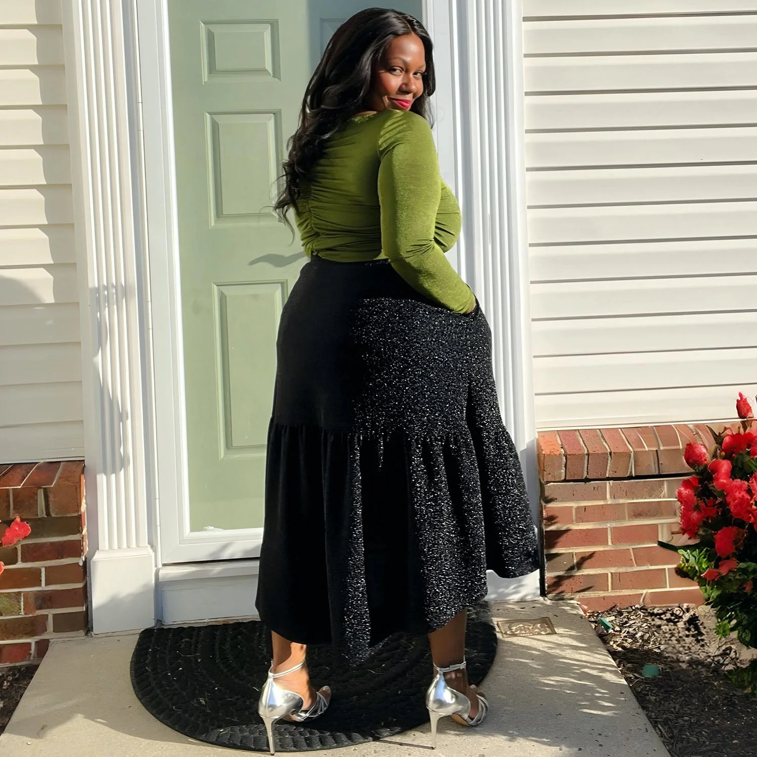 Lurex Tiered Midi Skirt - Black - Image 6