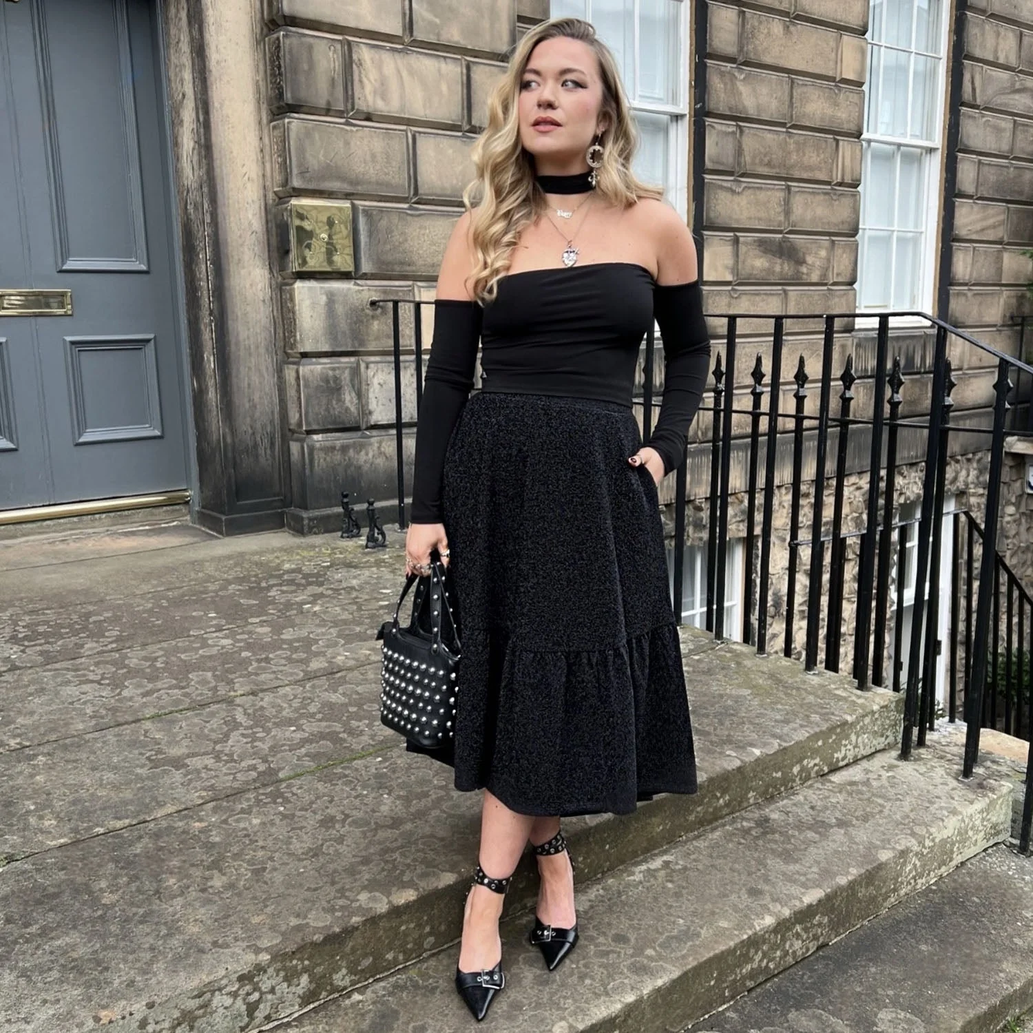 Lurex Tiered Midi Skirt - Black - Image 8