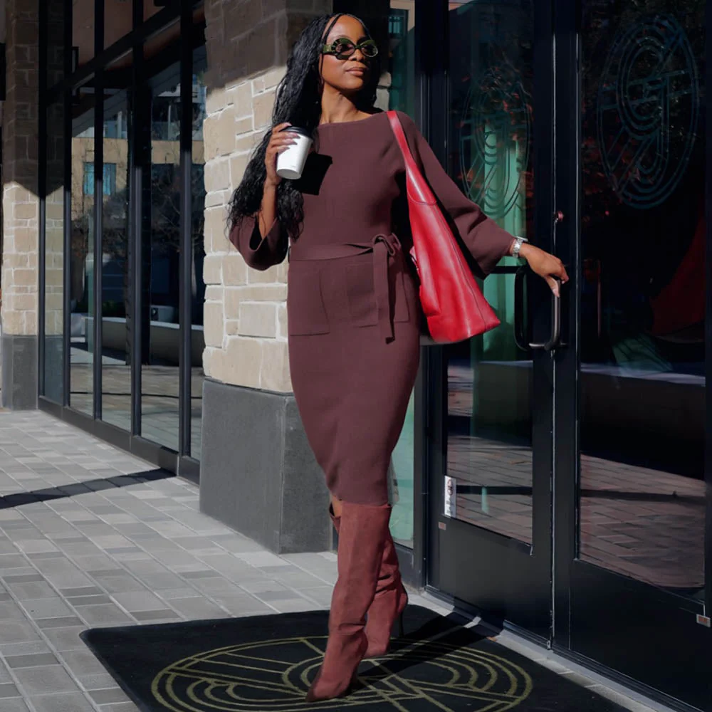 Midi Knitted Cocoon Dress - Hot Chocolate - Image 7