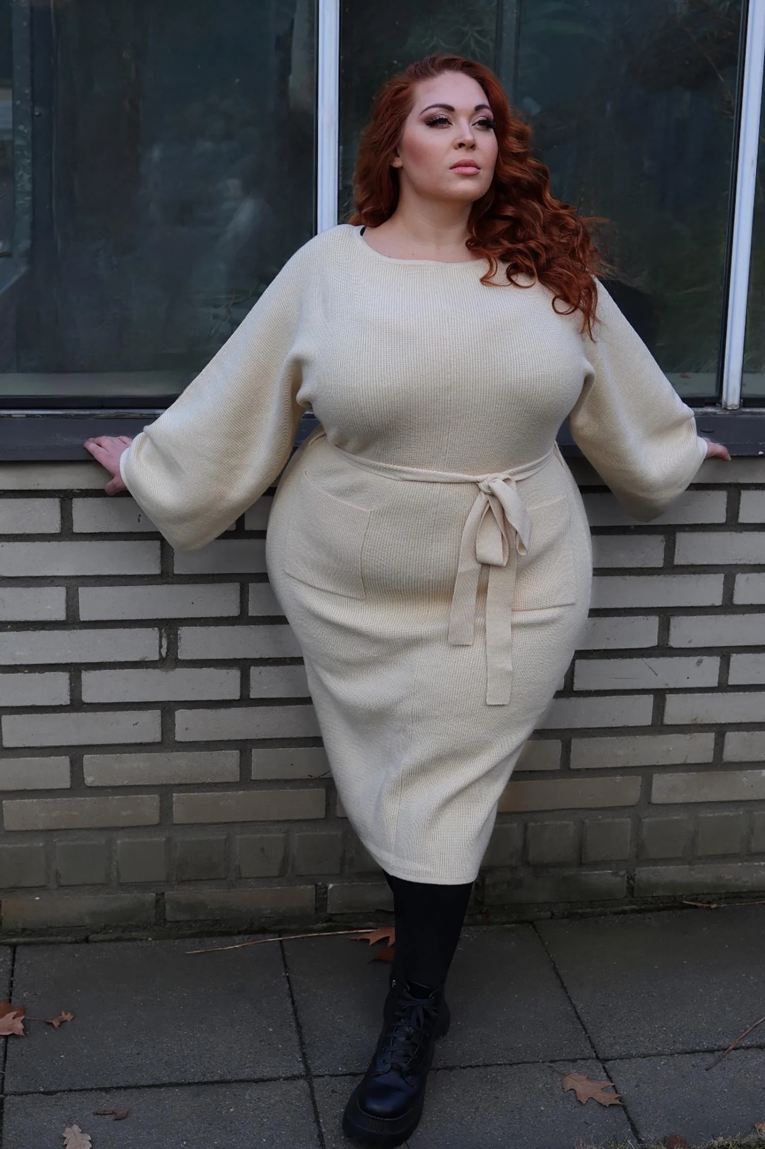 Midi Knitted Cocoon Dress - Oatmeal - Image 4