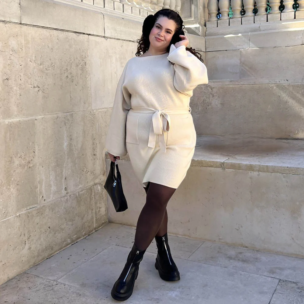 Mini Knitted Cocoon Dress - Oatmeal - Image 5