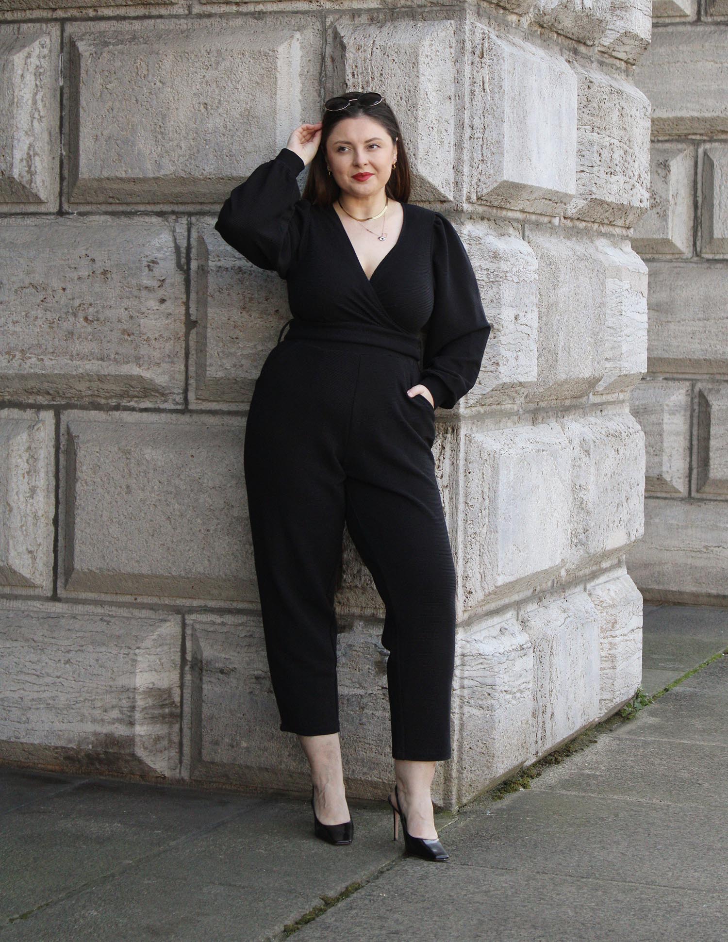 Ottoman Long Sleeve Wrap Jumpsuit - Black - Image 2