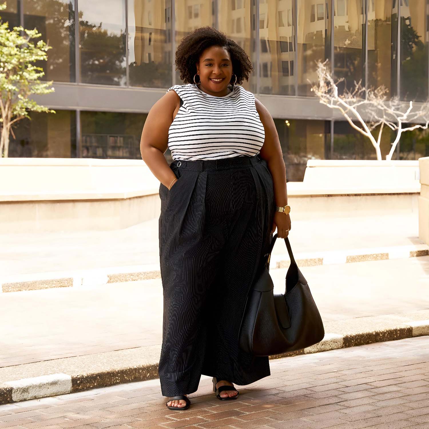 Wide Leg Pinstripe Tailored Trousers - Black - Image 10