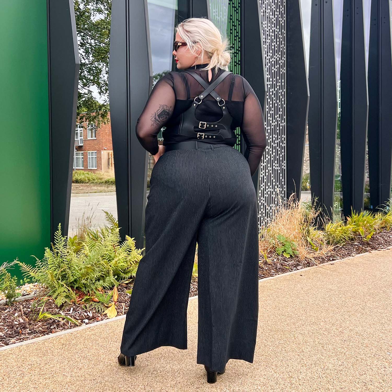 Wide Leg Pinstripe Tailored Trousers - Black - Image 11