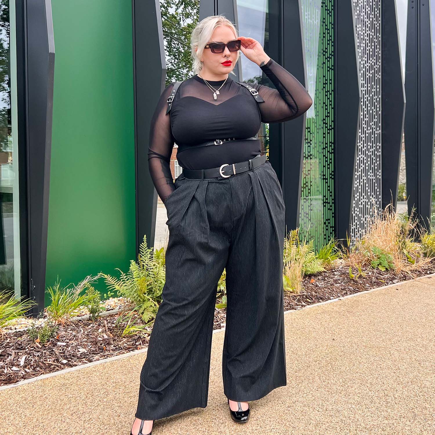 Wide Leg Pinstripe Tailored Trousers - Black - Image 13