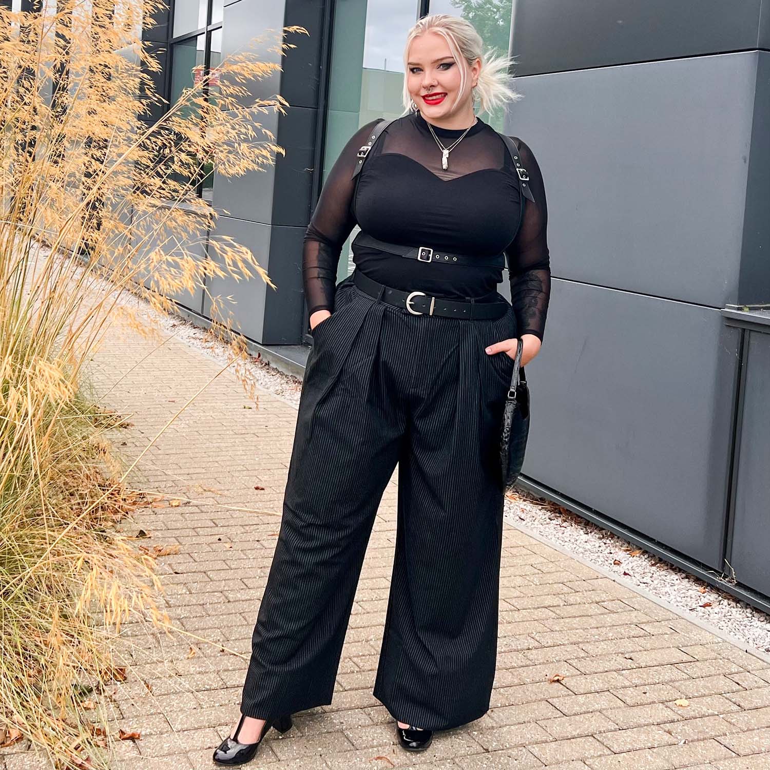 Wide Leg Pinstripe Tailored Trousers - Black - Image 3