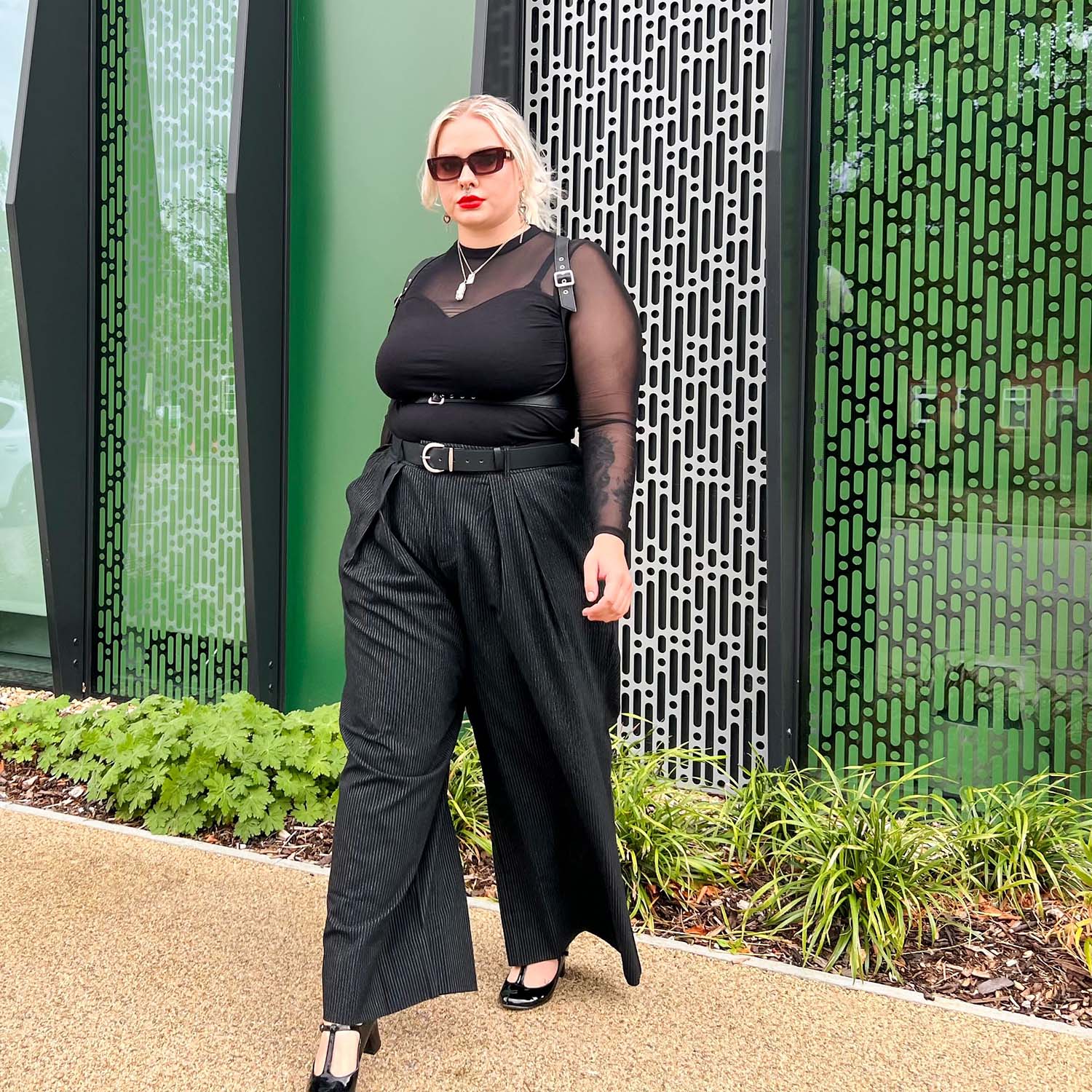 Wide Leg Pinstripe Tailored Trousers - Black - Image 7