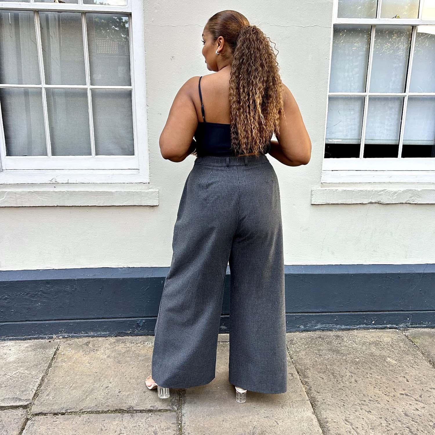 Wide Leg Pinstripe Tailored Trousers - Charcoal - Image 2